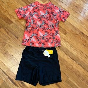 Tournesol 2pc Rash Guard Swimsuit.Size Medium. UPF50+ NWT! Orange Tropical/Black